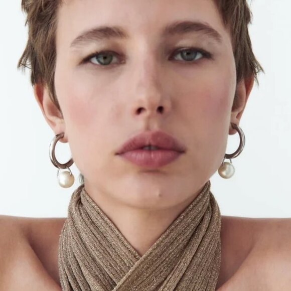 Zara Silver Pearl  Hoop Earrings NWT - Picture 2 of 3